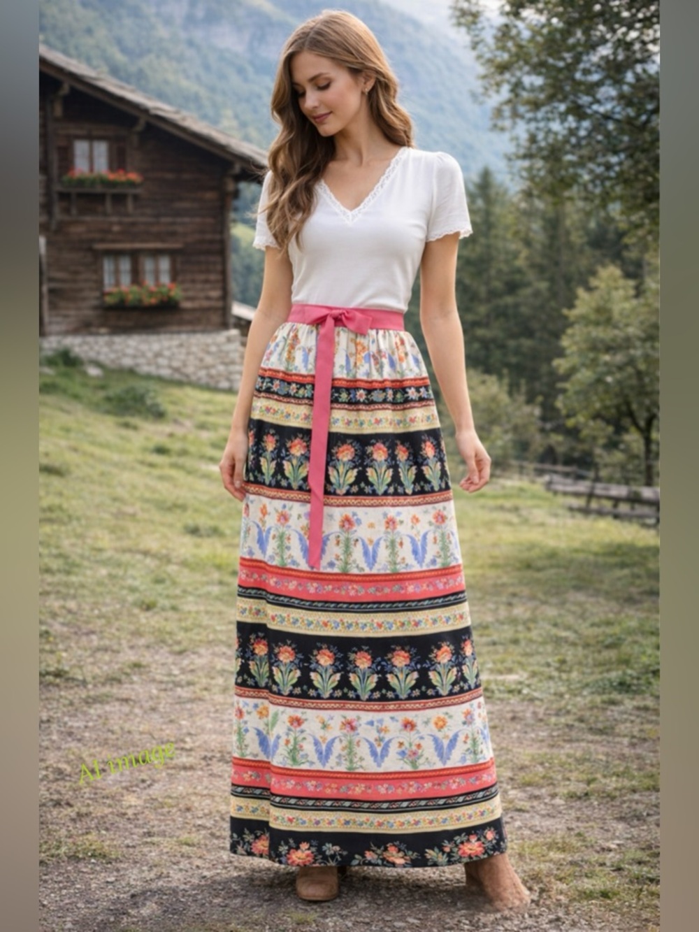 Vintage 70s Folk Maxi Skirt XS 24” Waist Scandinavian Floral Border Print Pink